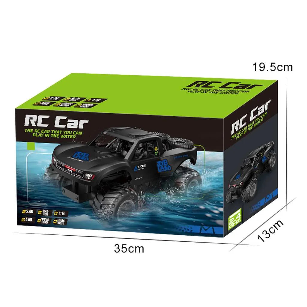 Zwarte 1:16 RC monster truck voor land en water met 4WD en grote banden