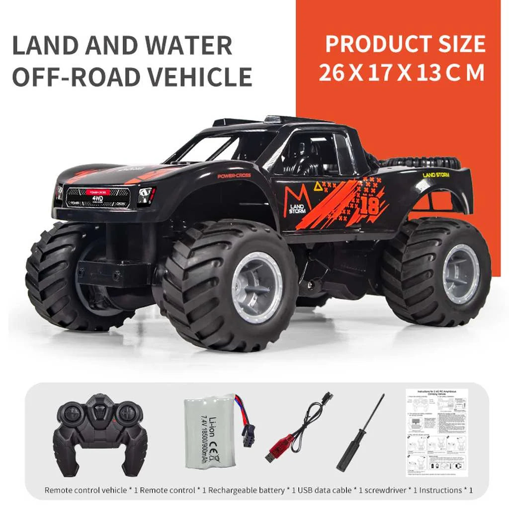 Zwarte 1:16 RC monster truck voor land en water met 4WD en grote banden