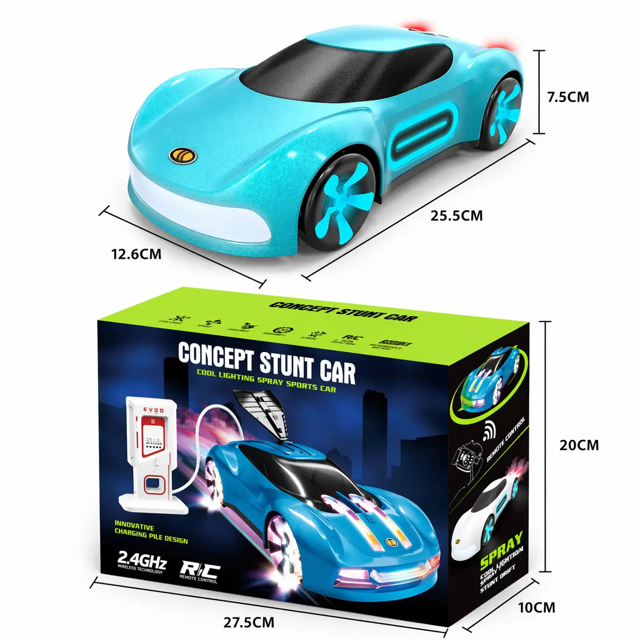 Blauwe 1:16 RC stunt auto met spray-effect, LED-verlichting en afstandsbediening