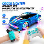 Blauwe 1:16 RC stunt auto met spray-effect, LED-verlichting en afstandsbediening