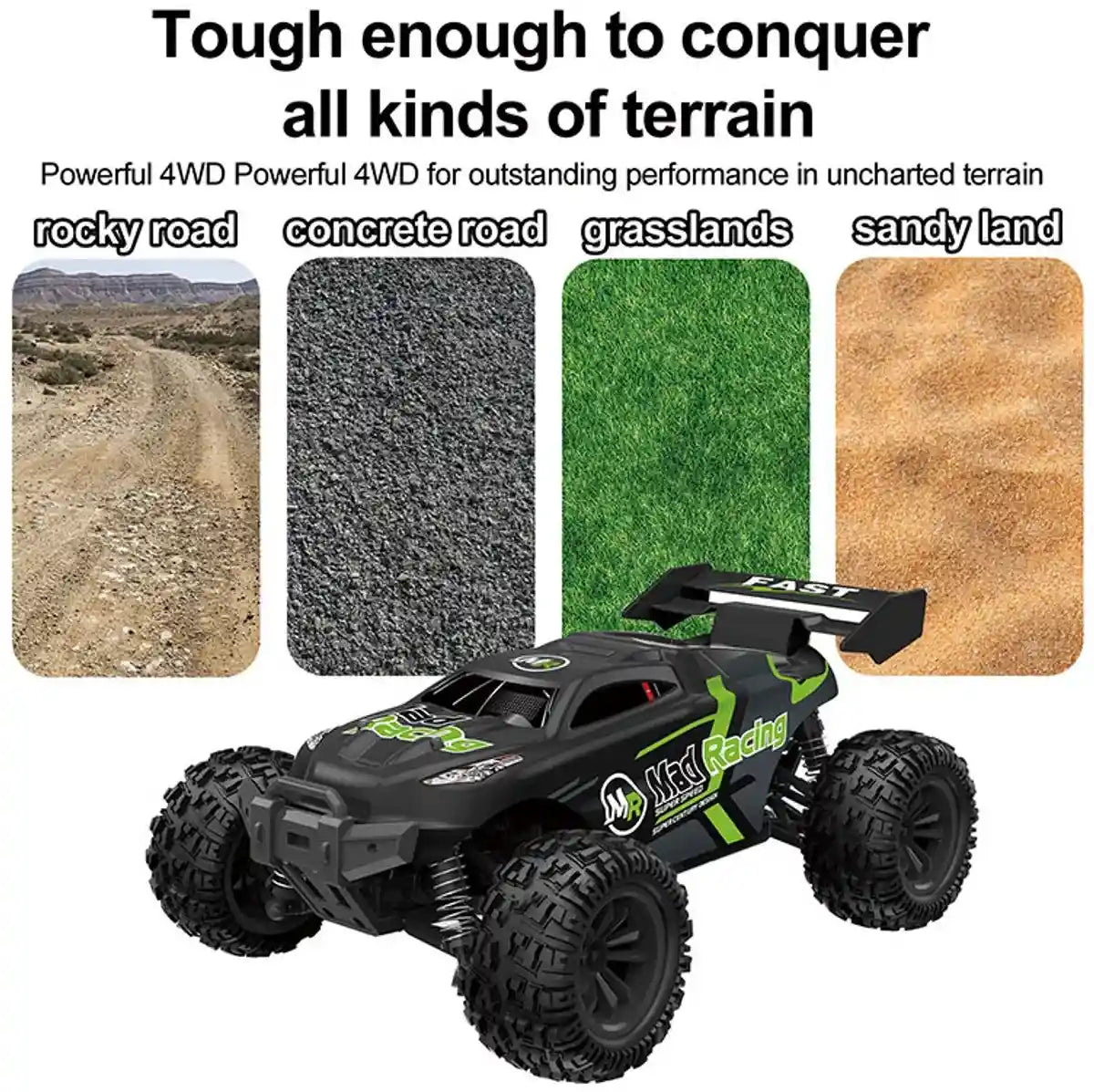 Zwarte en groene 1:18 RC offroad auto met 4WD en afstandsbediening