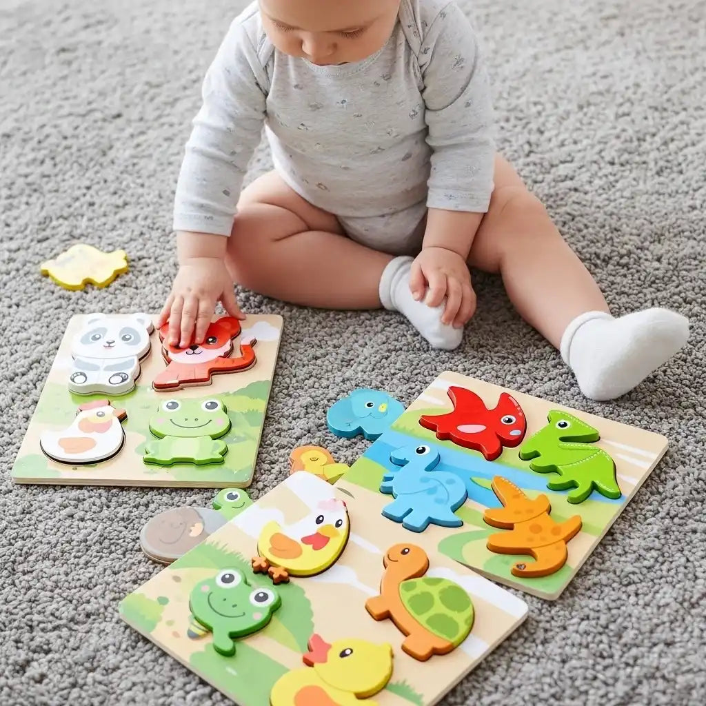 Houten dierenpuzzels, 4 stuks, bos, boerderij, jungle, zee, Bextunio