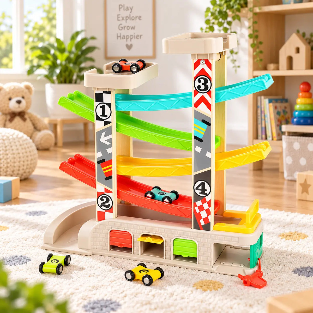 Houten Auto-Racebaan 6 Mini Auto's Racebaan, 1–4 jaar