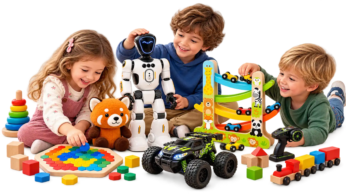 "Vrolijke kinderen spelen met RC-auto, speelgoedrobot, houten autobaan, knuffel, trein en kleurrijk educatief speelgoed van Bextunio."