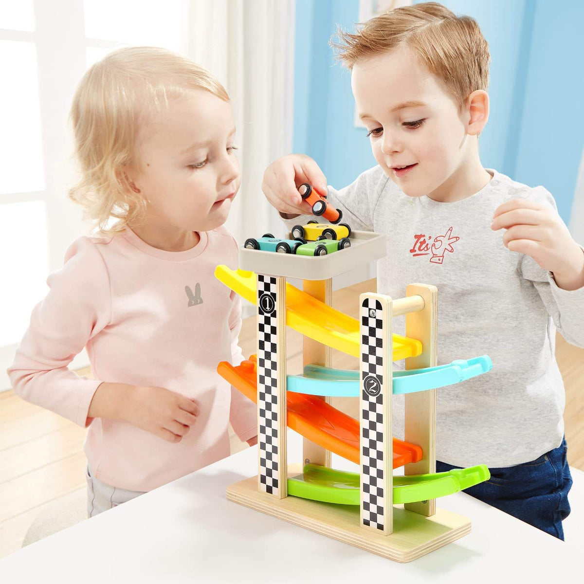 Houten Auto-Racebaan 6 Mini Auto's Racebaan, 1–4 jaar