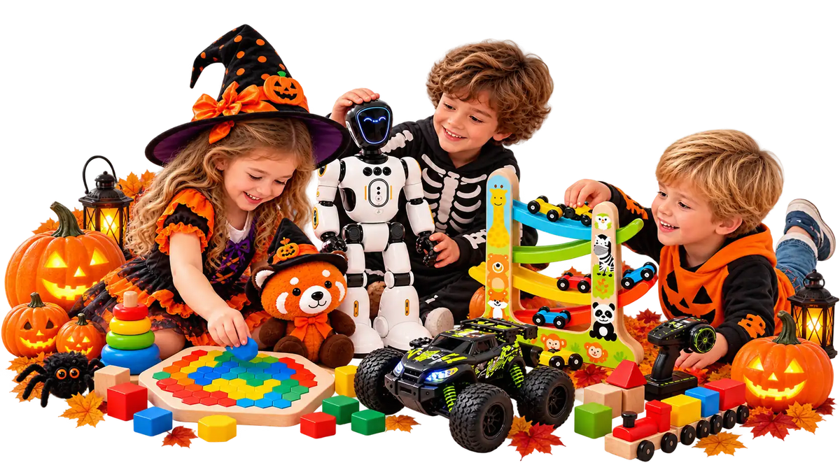 "Vrolijke kinderen spelen met RC-auto, speelgoedrobot, houten autobaan, knuffel, trein en kleurrijk educatief speelgoed van Bextunio."