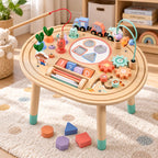 Houten speeltafel met magnetisch visspel treinbaan vormen en tandwielen