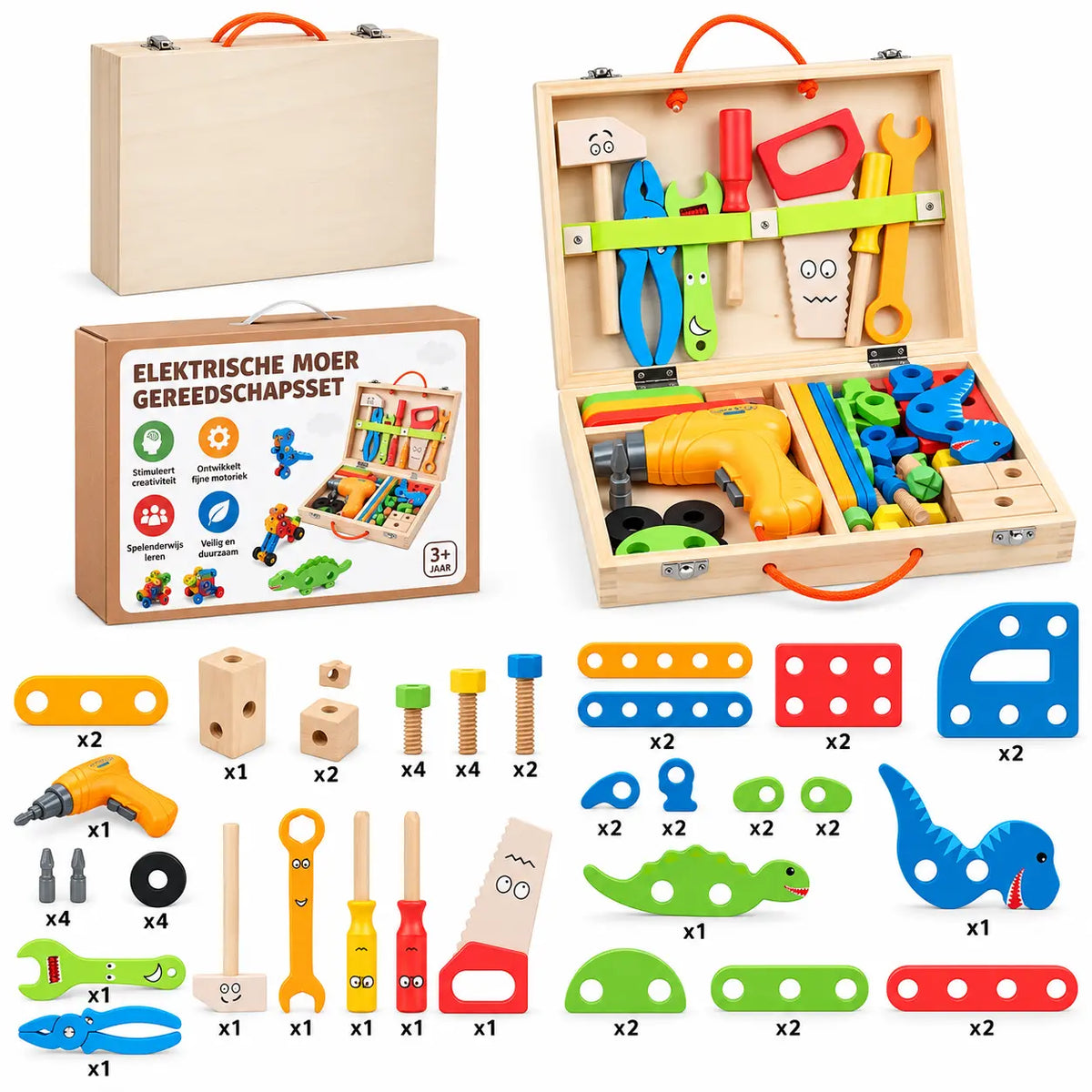 Complete speelgoed gereedschapset voor kinderen met bouwonderdelen en boormachine