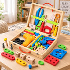 Houten gereedschapset voor kinderen met boormachine en opbergkoffer