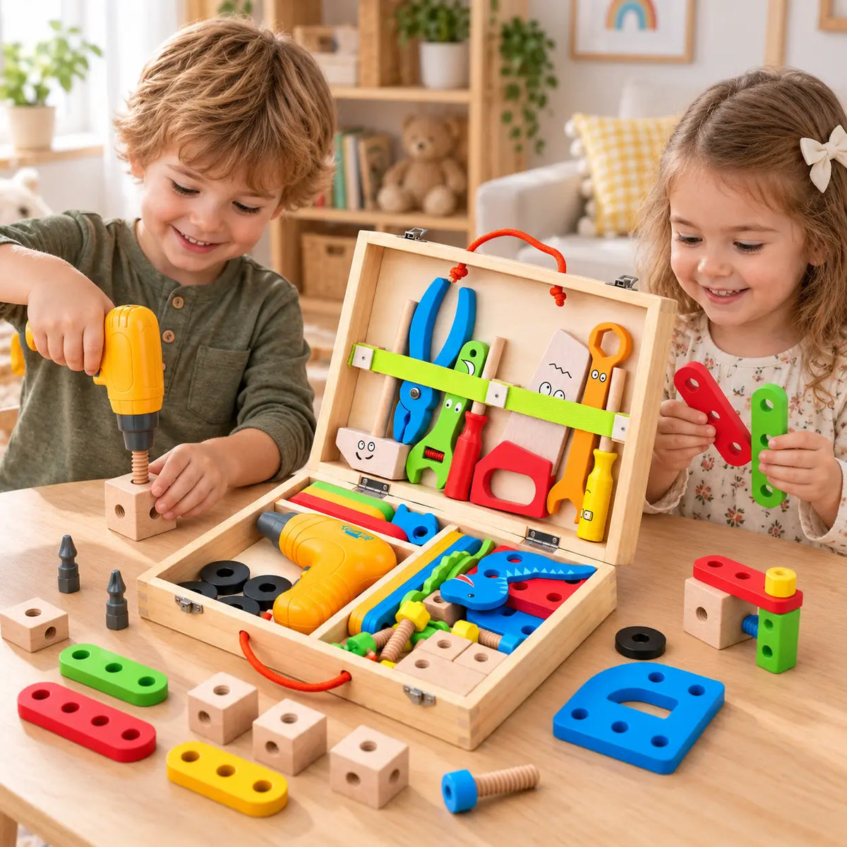 Kinder gereedschapskist met speelgoedboormachine bouten moeren en bouwplaten