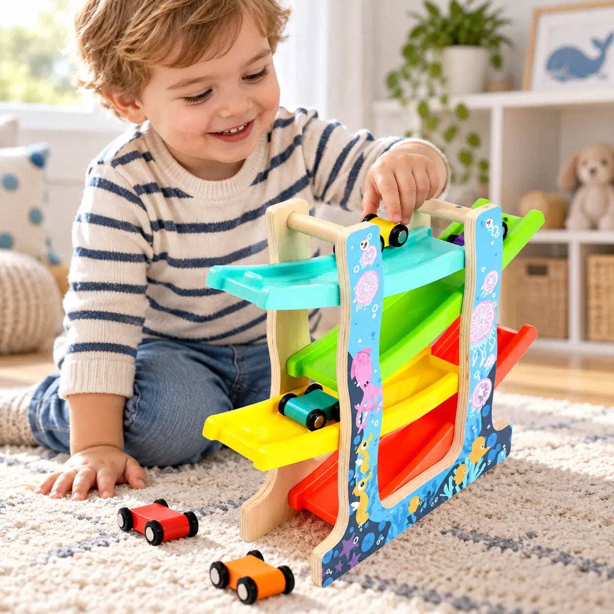 Houten racebaan met mini-auto's en kleurrijk dinosaurusdesign