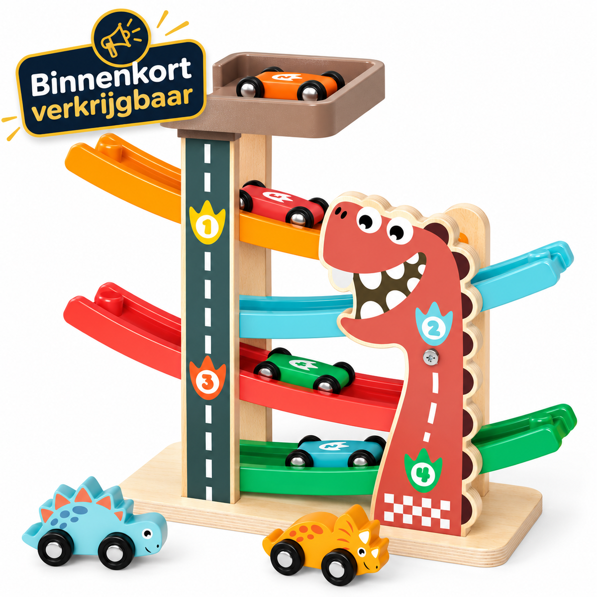 Houten Dino-Racebaan 6 Auto's & Parkeergarage, 18m- 4
