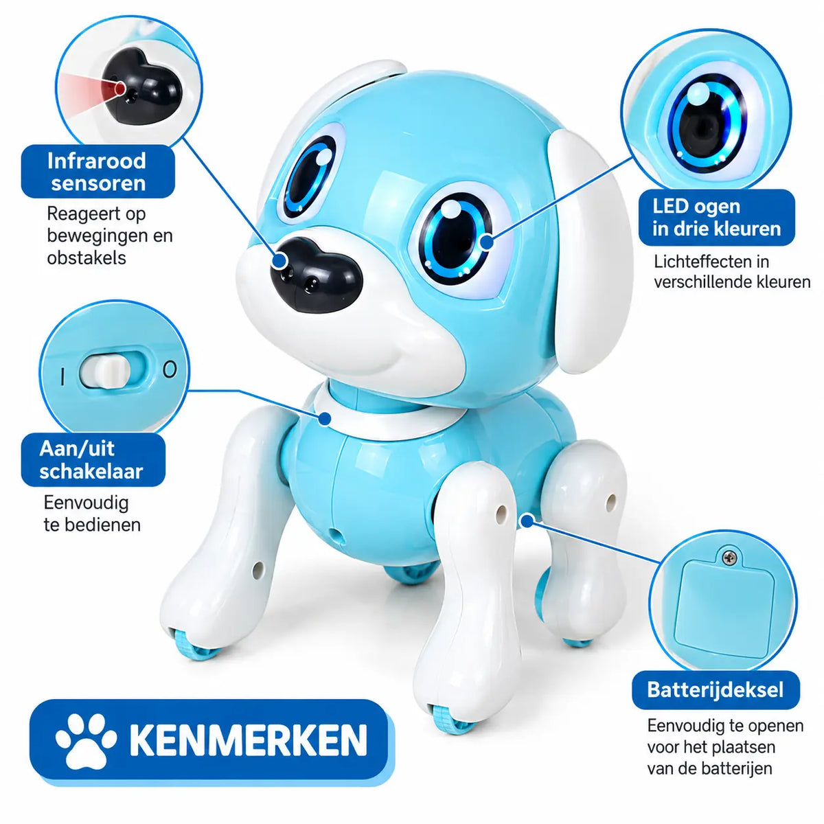 Blauwe robothond met gebarenbesturing en bewegingssensor voor kinderen