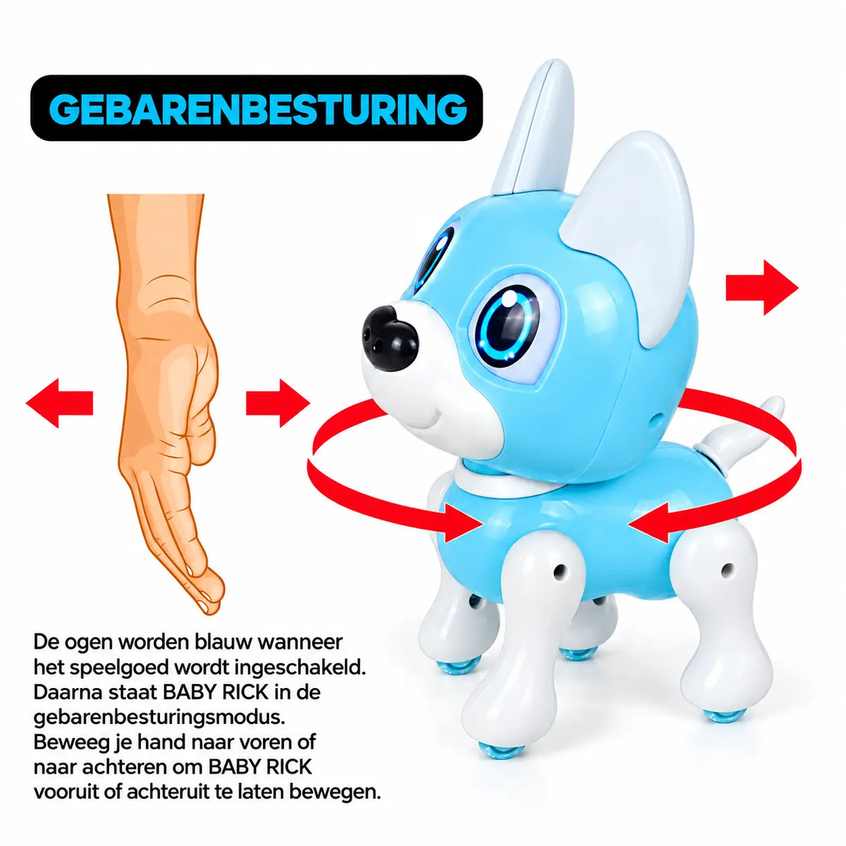 Interactieve blauwe robothond speelgoed met witte poten op witte achtergrond