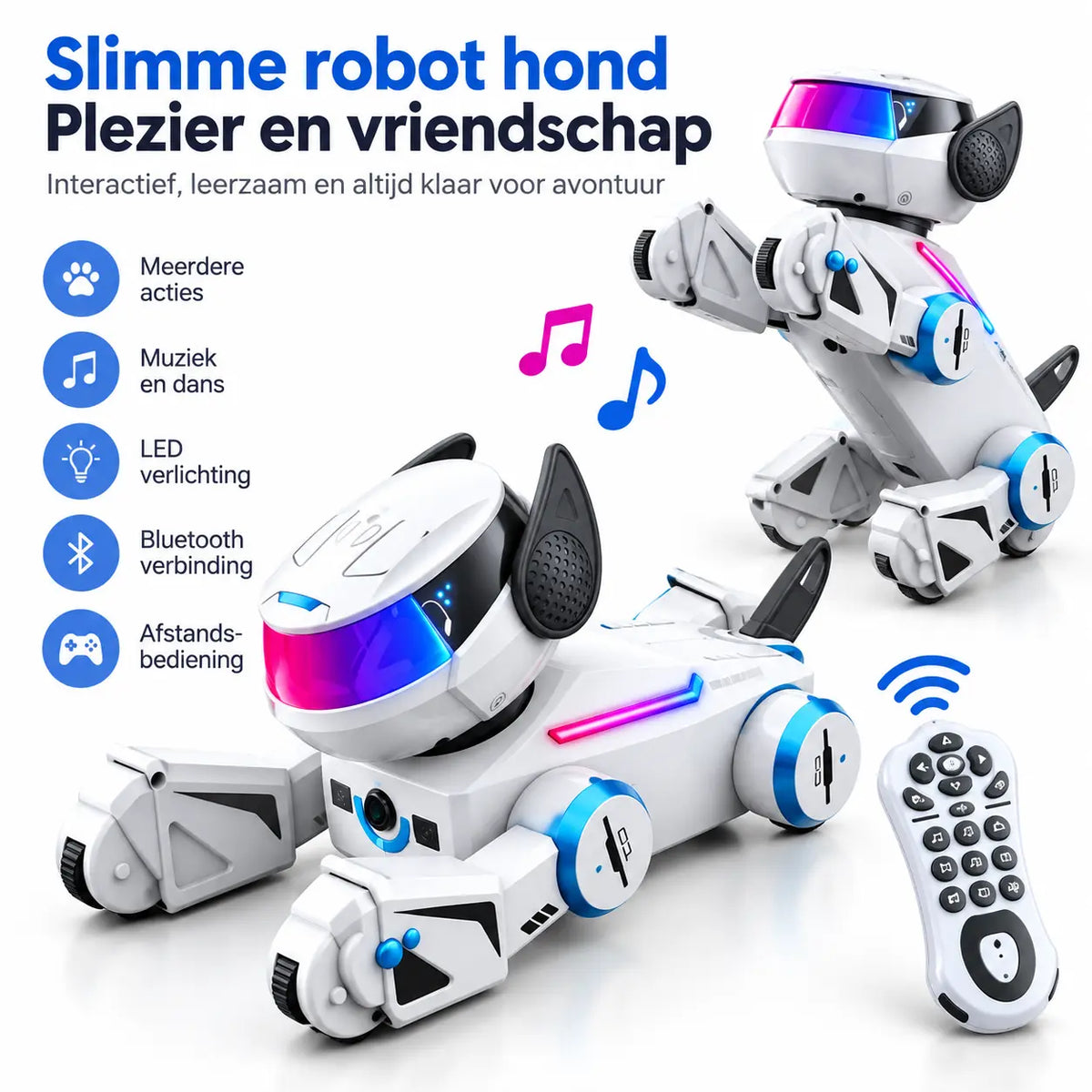 Interactieve witte robothond met LED-verlichting en afstandsbediening