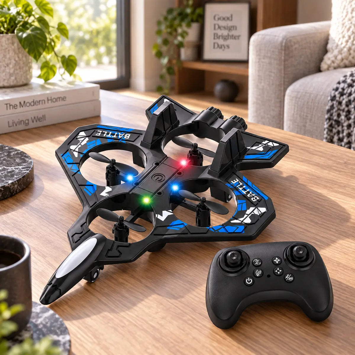 Zwarte blauwe straaljager quadcopter met vier beschermde propellers