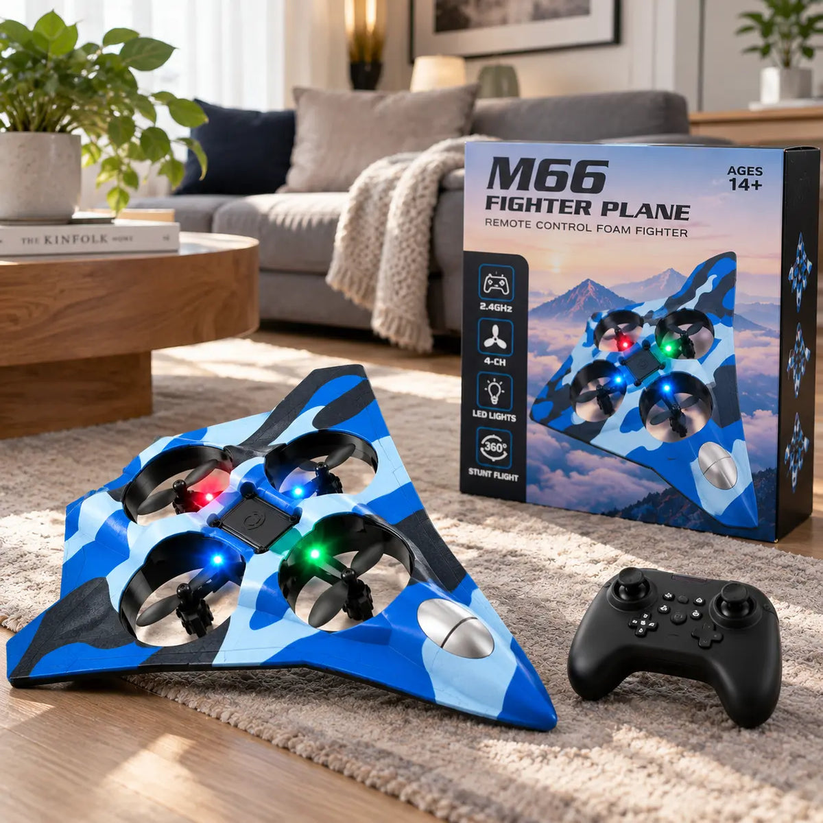 M66 RC straaljager drone met afmetingen en afstandsbediening