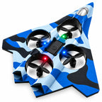 Blauwe M66 foam fighter drone met vier propellers en camouflage design