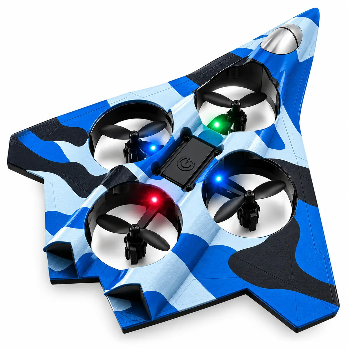 Blauwe M66 foam fighter drone met vier propellers en camouflage design