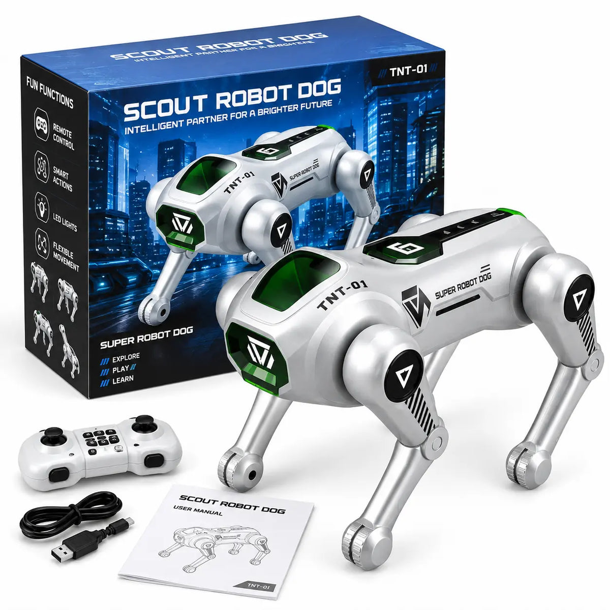 Oplaadbare robot hond speelgoed met LED verlichting en stunts