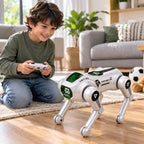 Kind speelt met interactieve robot hond in woonkamer