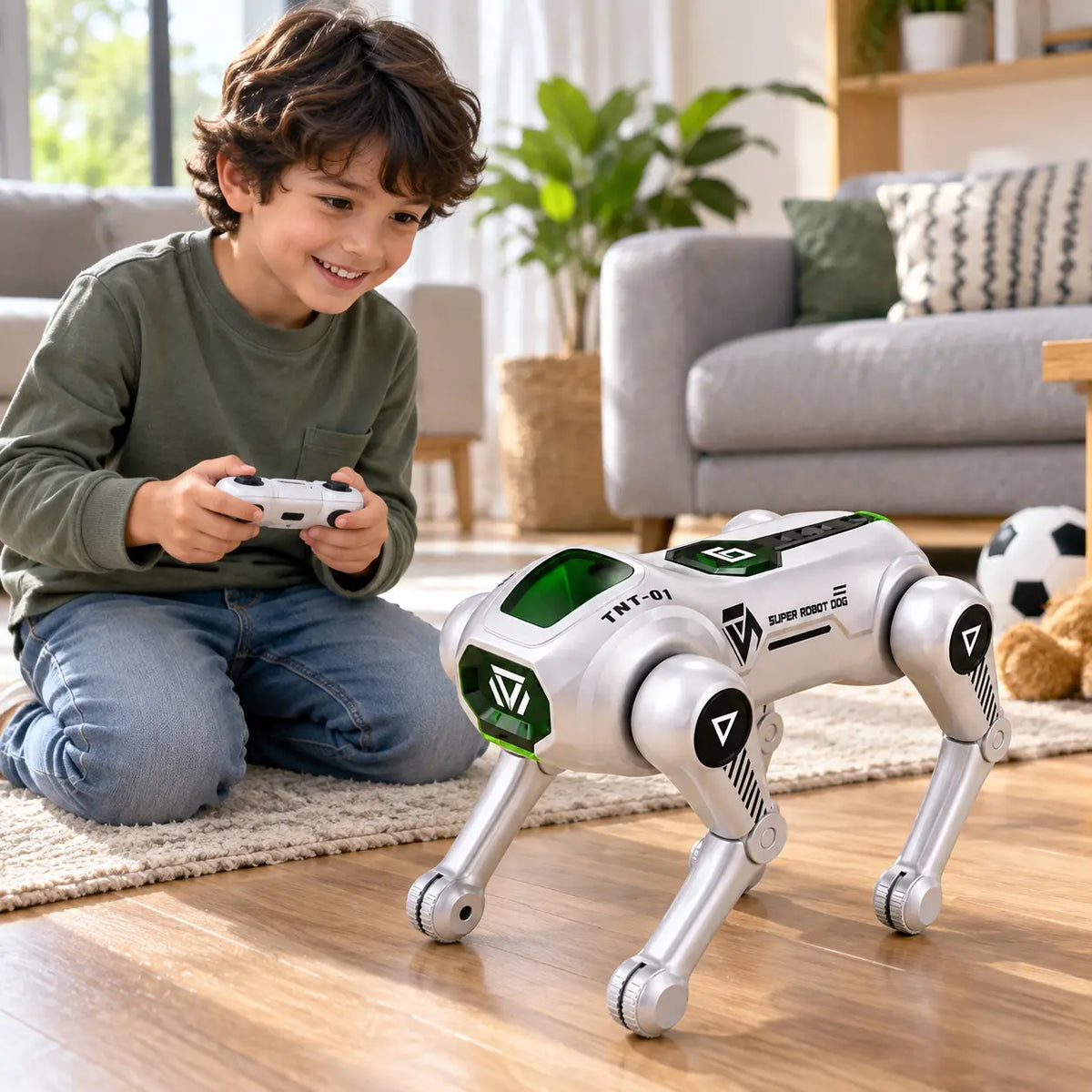 Kind speelt met interactieve robot hond in woonkamer