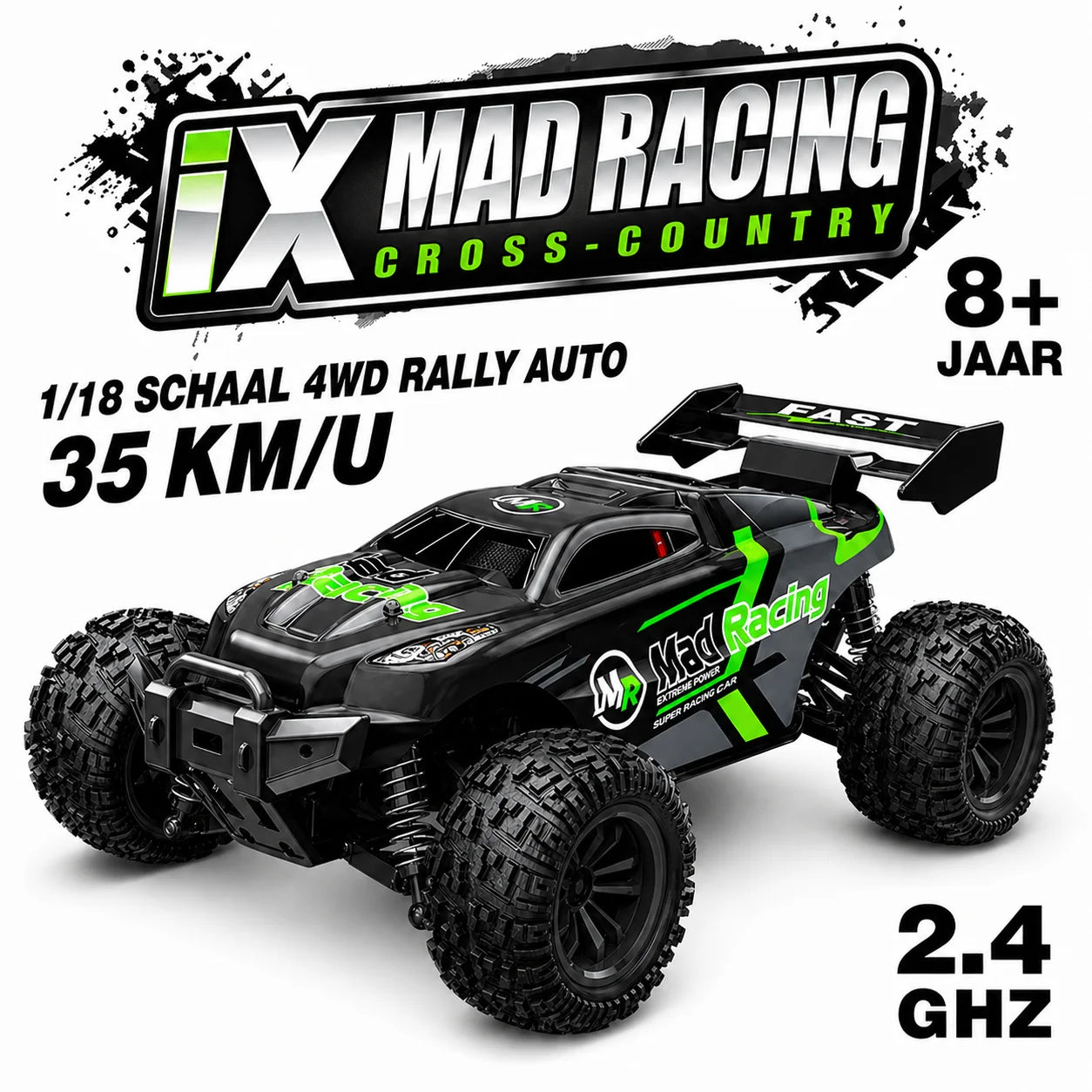 Zwarte en groene 1:18 RC offroad auto met 4WD en afstandsbediening
