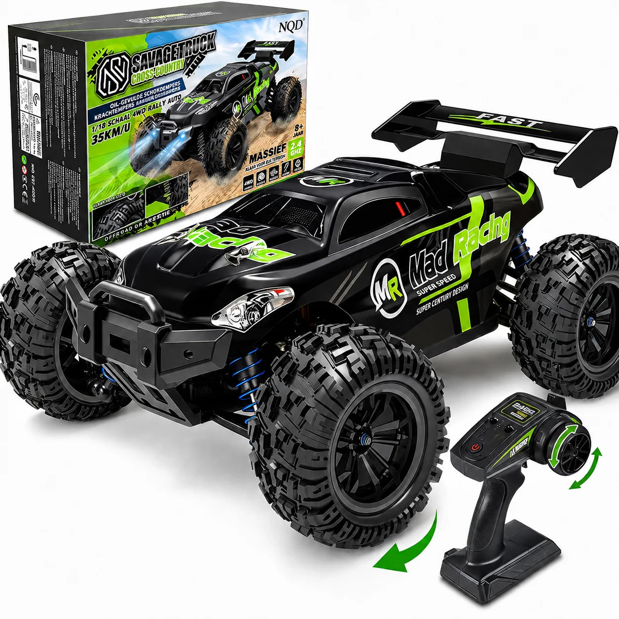 Zwarte en groene 1:18 RC offroad auto met 4WD en afstandsbediening