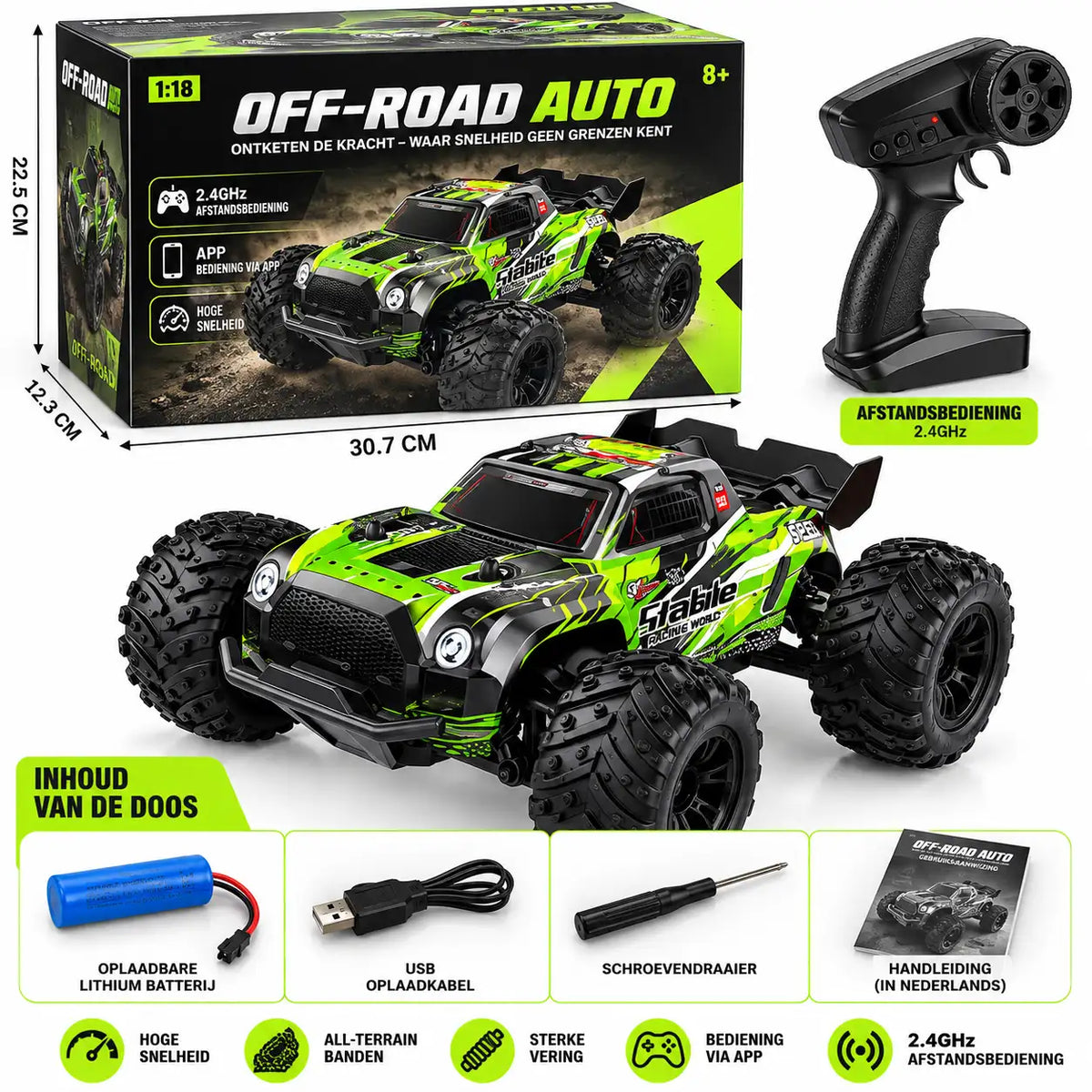 Groene bestuurbare RC auto met grote all-terrain banden