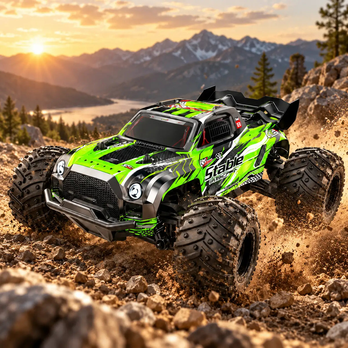 Bestuurbare offroad auto met sterke vering en terreinbanden