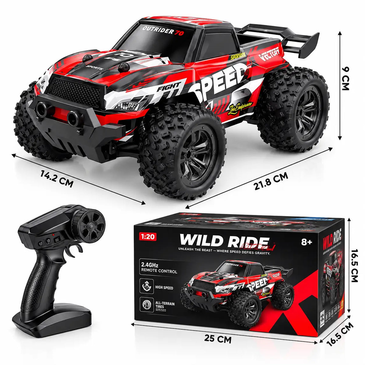 Rode bestuurbare RC auto met grote all-terrain banden