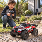RC raceauto rood zwart met grote gripbanden en afstandsbediening