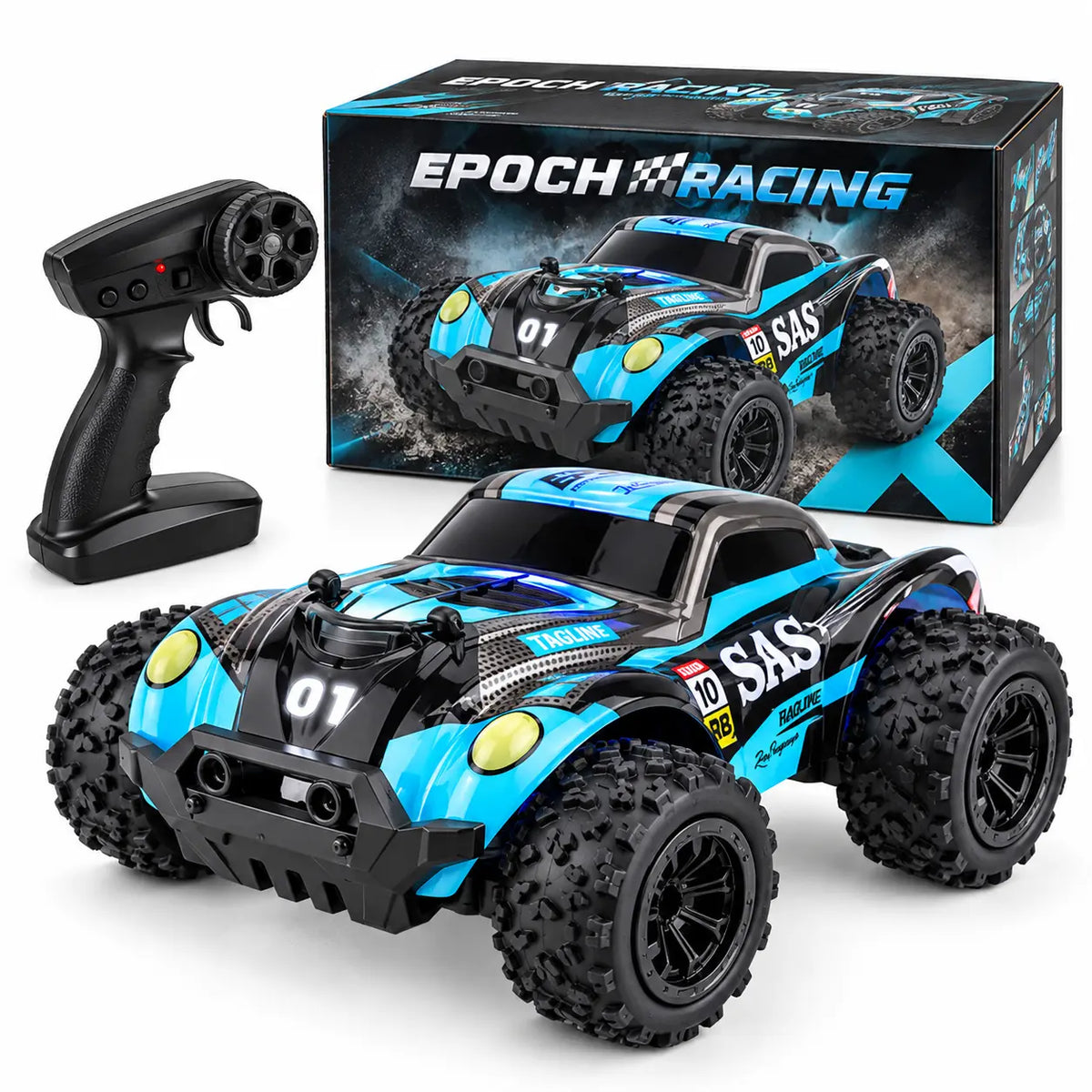 Blauw zwarte RC monstertruck met afstandsbediening en USB oplader
