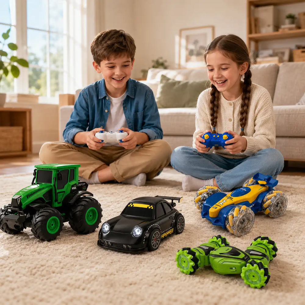 Kinderen spelen met bestuurbare RC auto’s voor binnen en buiten