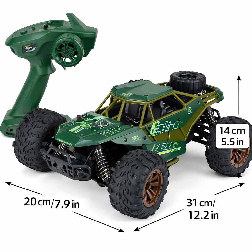 Groene 1:16 RC offroad auto met 4WD, grote banden en afstandsbediening