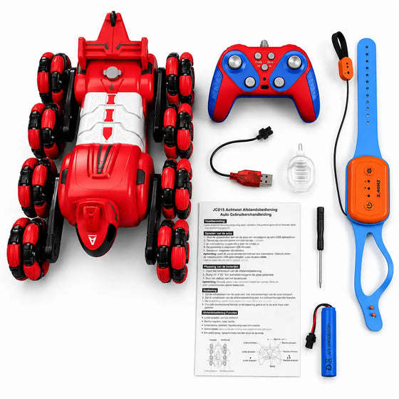 Robot RC Auto 8WD met Spray & Licht rood inclusief afstandsbediening, polsband en accessoires