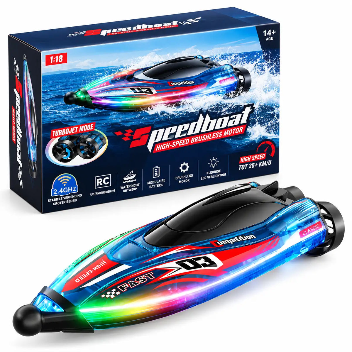 Blauwe S25 RC boot met brushless motor en kleurrijke LED verlichting