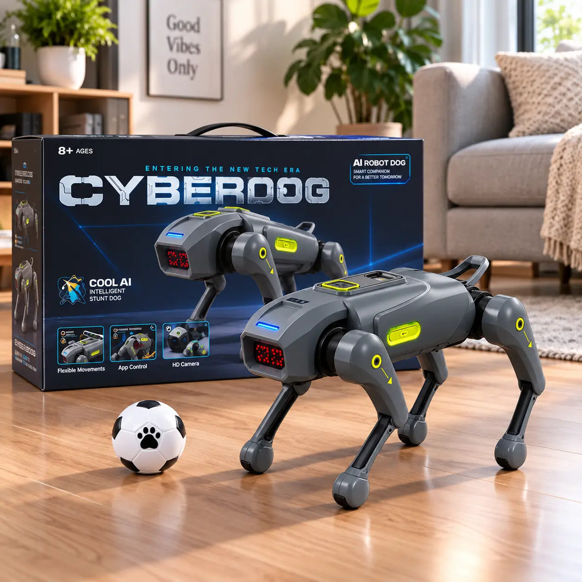 R43 CyberDog robothond met AI-functies, afstandsbediening en voetbal in woonkamer
