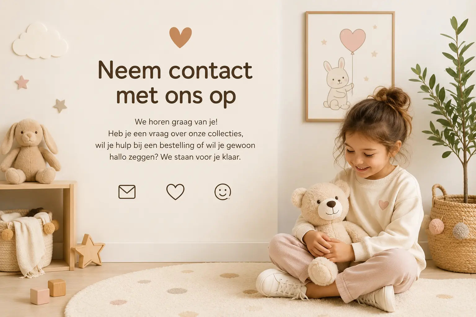 Kind met knuffel in warme kinderkamer voor de contactpagina van Bextunio speelgoedwinkel