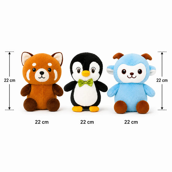 Knuffel Set van 3 – Rode Panda, Pinguïn & Blauw Aapje