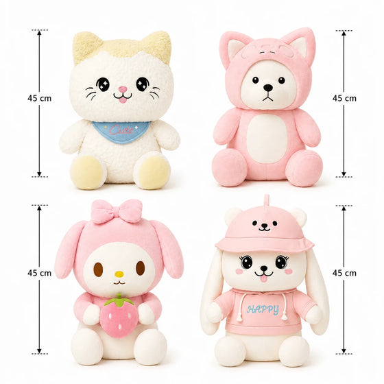 Knuffel Set van 4 – Roze & Witte Pluche Dieren voor Kinderen