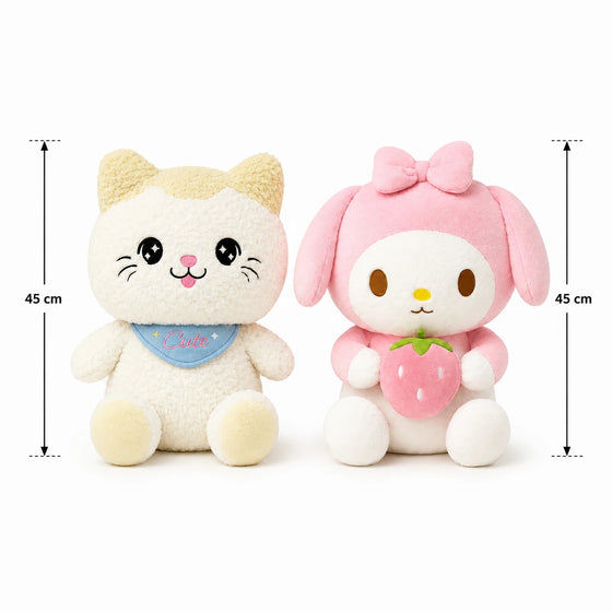Knuffel Set van 2 – Witte Kat & Roze Konijntje met Aardbei