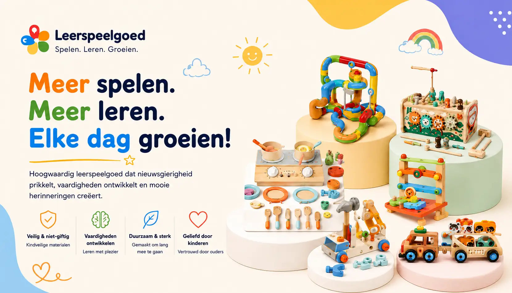 Kinderen spelen met leerspeelgoed en educatief houten speelgoed
