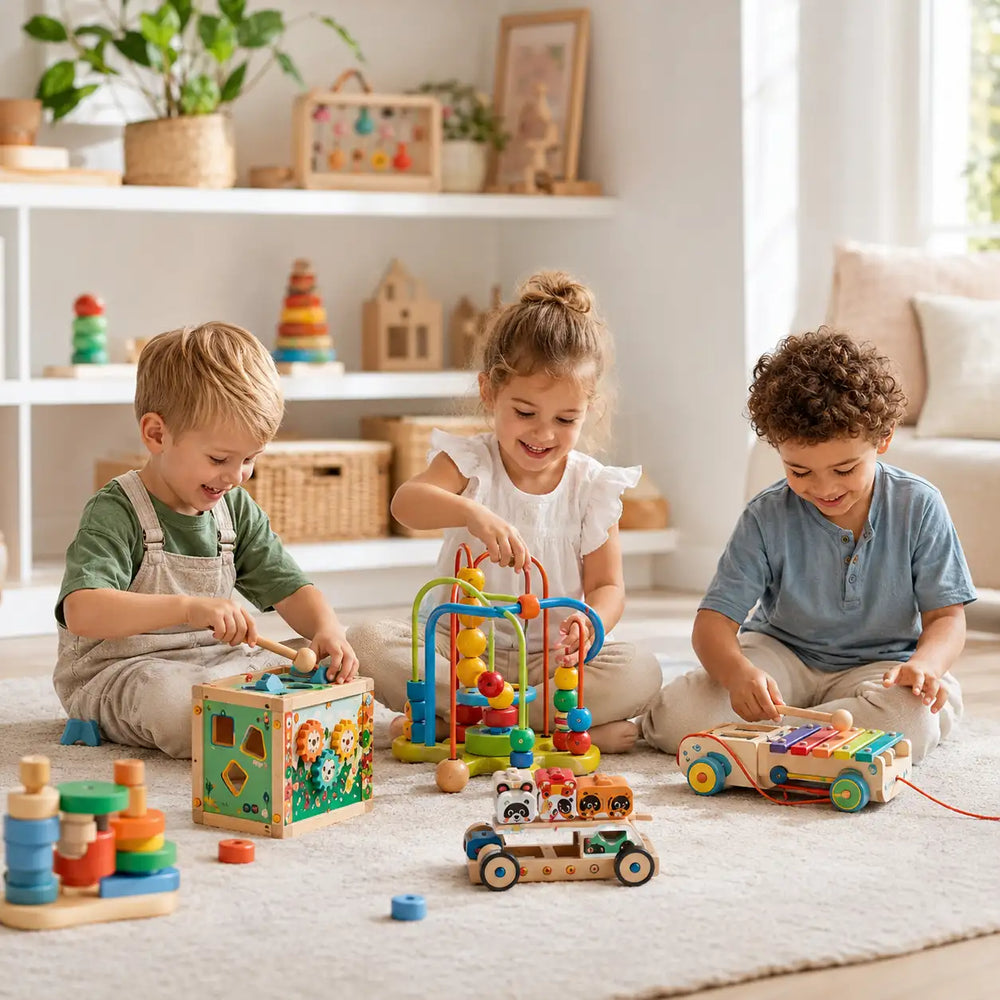Kinderen spelen met educatief speelgoed en houten leerspeelgoed